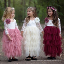 Wholesale High Quality Long Sleeves Lace Top Tulle Layered Flower Girls Dresses